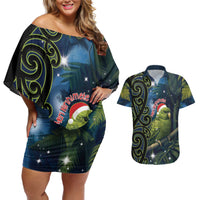 New Zealand Christmas Couples Matching Off Shoulder Short Dress and Hawaiian Shirt Cute Kakapo Meri Kirihimete Maori Koru LT14 Blue - Polynesian Pride