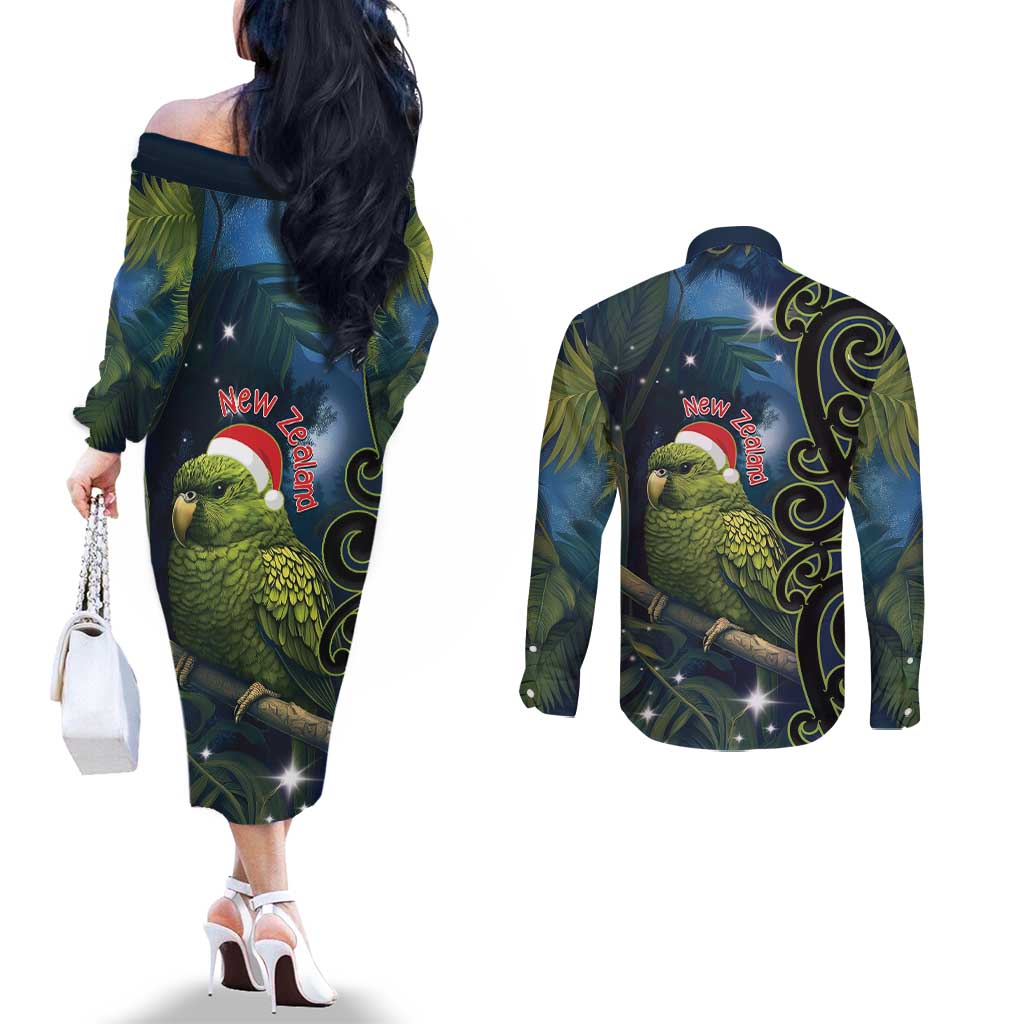 New Zealand Christmas Couples Matching Off The Shoulder Long Sleeve Dress and Long Sleeve Button Shirt Cute Kakapo Meri Kirihimete Maori Koru
