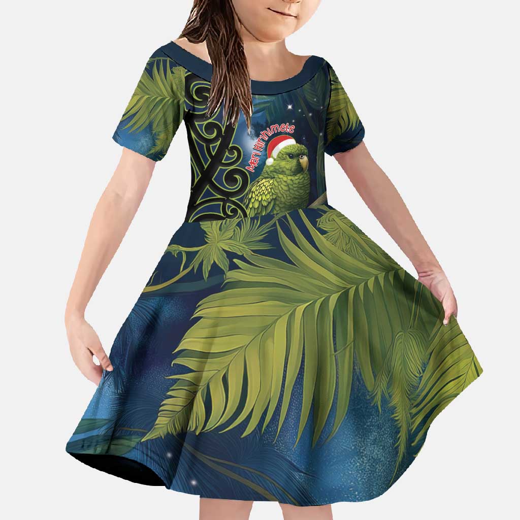 New Zealand Christmas Family Matching Off Shoulder Maxi Dress and Hawaiian Shirt Cute Kakapo Meri Kirihimete Maori Koru LT14 Daughter's Dress Blue - Polynesian Pride