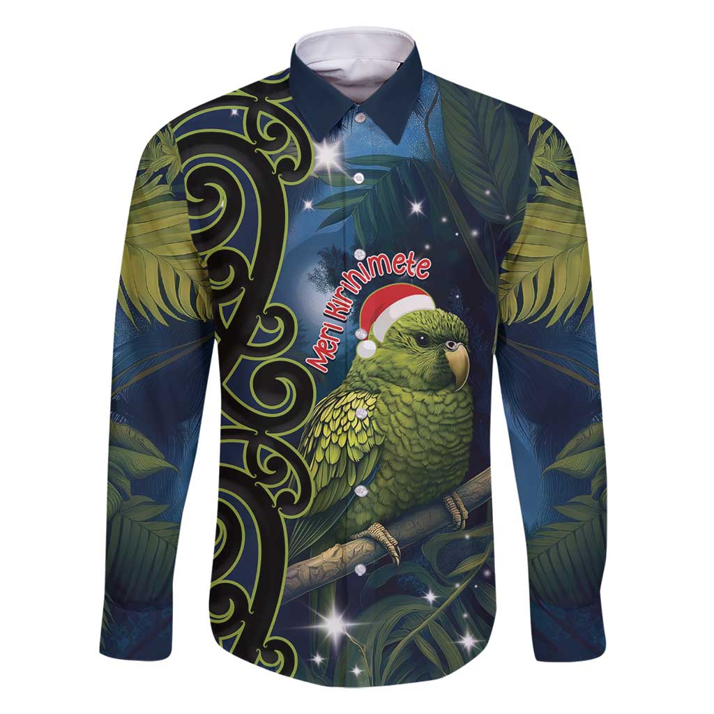 New Zealand Christmas Family Matching Off Shoulder Maxi Dress and Hawaiian Shirt Cute Kakapo Meri Kirihimete Maori Koru LT14 Dad's Shirt - Long Sleeve Blue - Polynesian Pride