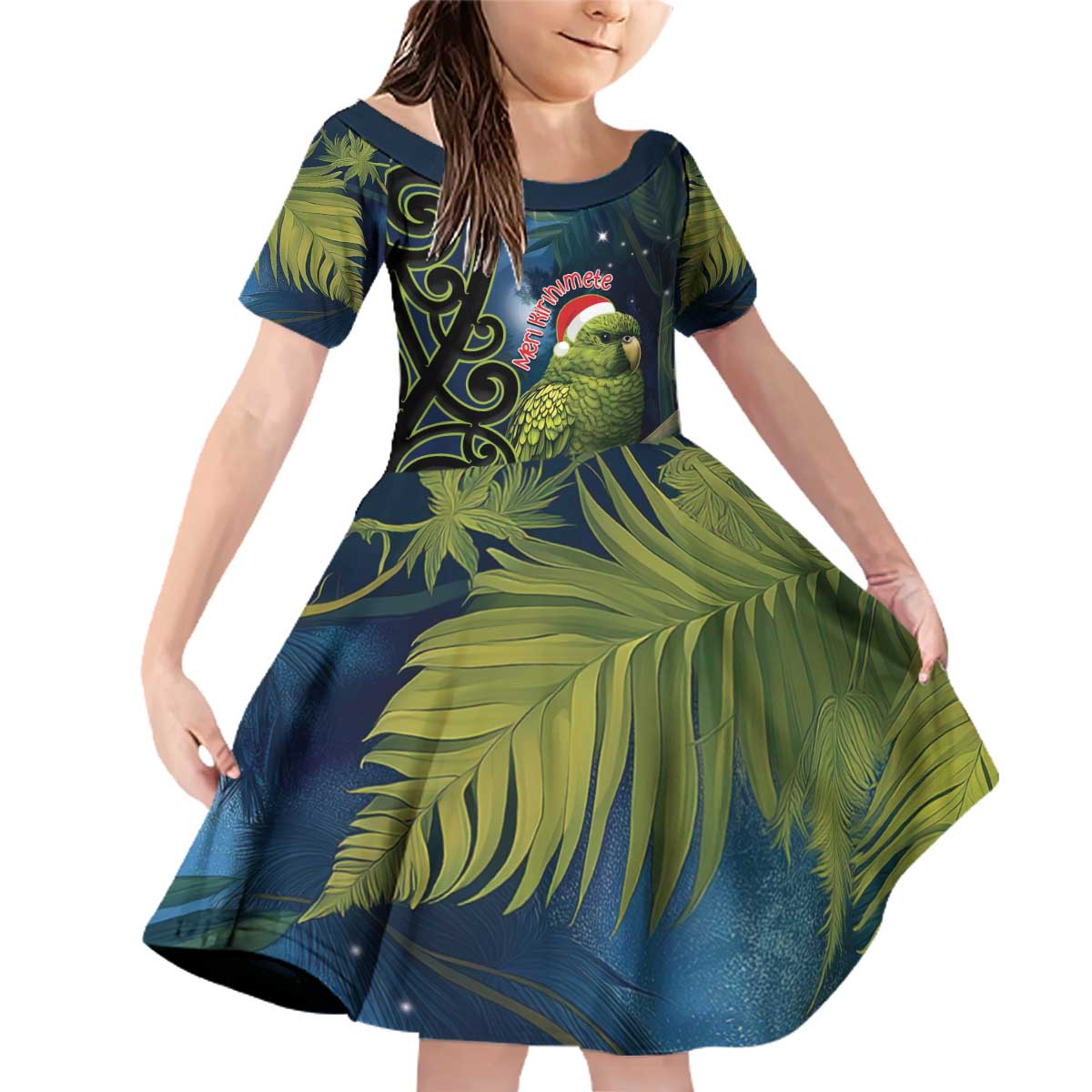 New Zealand Christmas Family Matching Off Shoulder Short Dress and Hawaiian Shirt Cute Kakapo Meri Kirihimete Maori Koru LT14 Daughter's Dress Blue - Polynesian Pride
