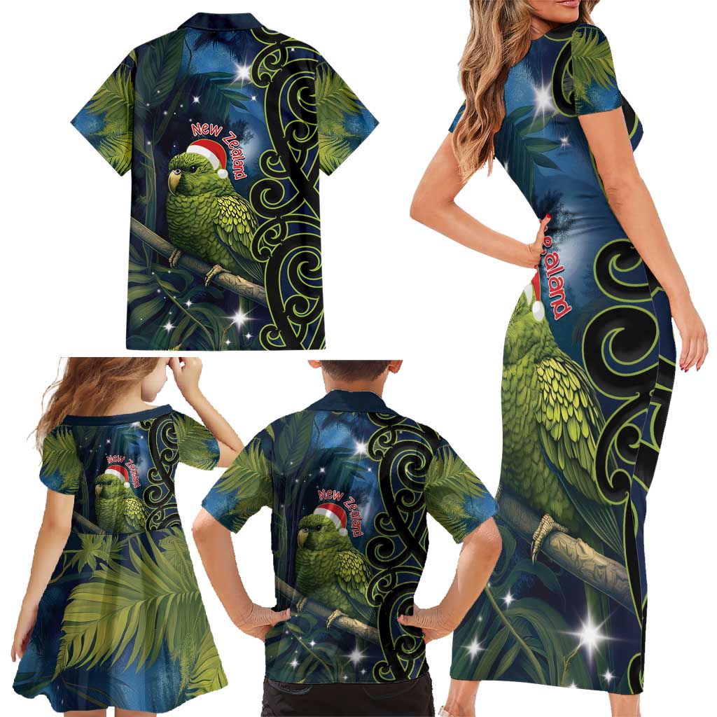 New Zealand Christmas Family Matching Short Sleeve Bodycon Dress and Hawaiian Shirt Cute Kakapo Meri Kirihimete Maori Koru