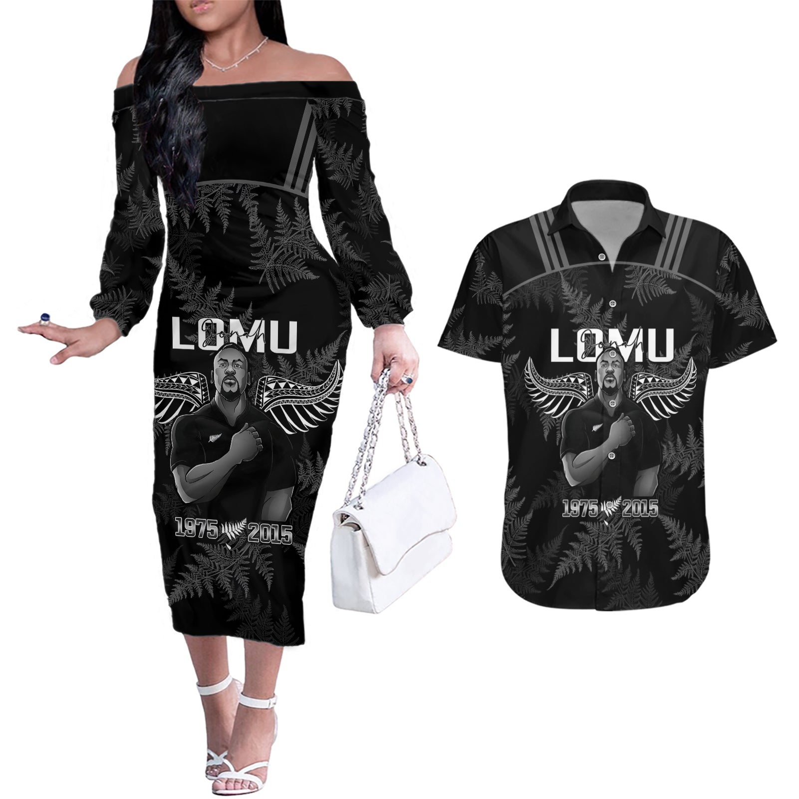 New Zealand Silver Fern Rugby Couples Matching Off The Shoulder Long Sleeve Dress and Hawaiian Shirt Aotearoa Godfather Proud Gone But Never Forgotten LT14 Black - Polynesian Pride