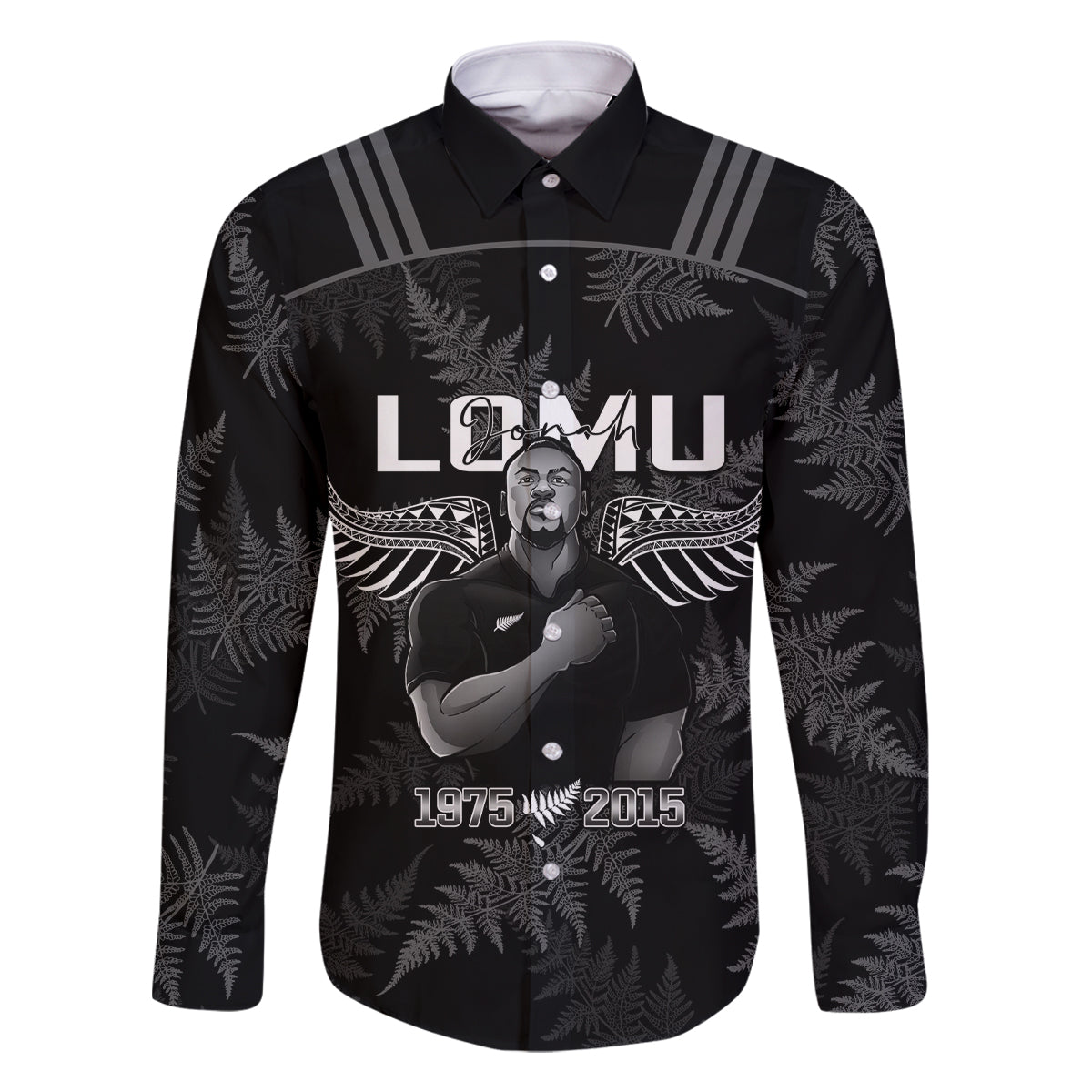 New Zealand Silver Fern Rugby Family Matching Off Shoulder Long Sleeve Dress and Hawaiian Shirt Aotearoa Godfather Proud Gone But Never Forgotten LT14 Dad's Shirt - Long Sleeve Black - Polynesian Pride