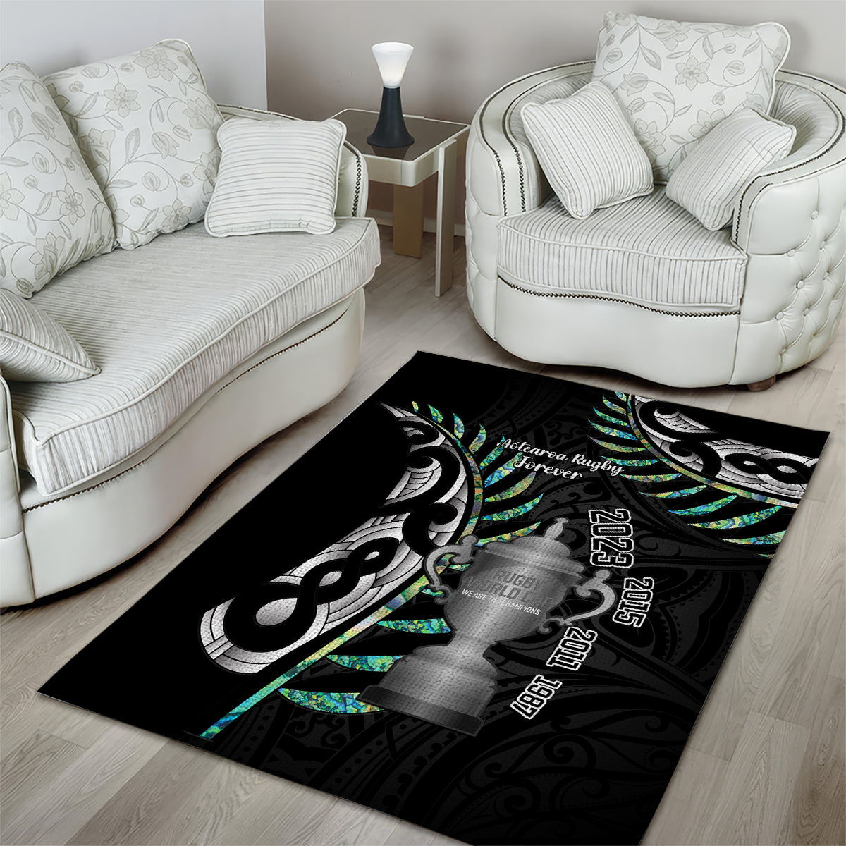 Personalised New Zealand Silver Fern Rugby Area Rug Paua Shell With Champions Trophy History NZ Forever LT14 - Polynesian Pride
