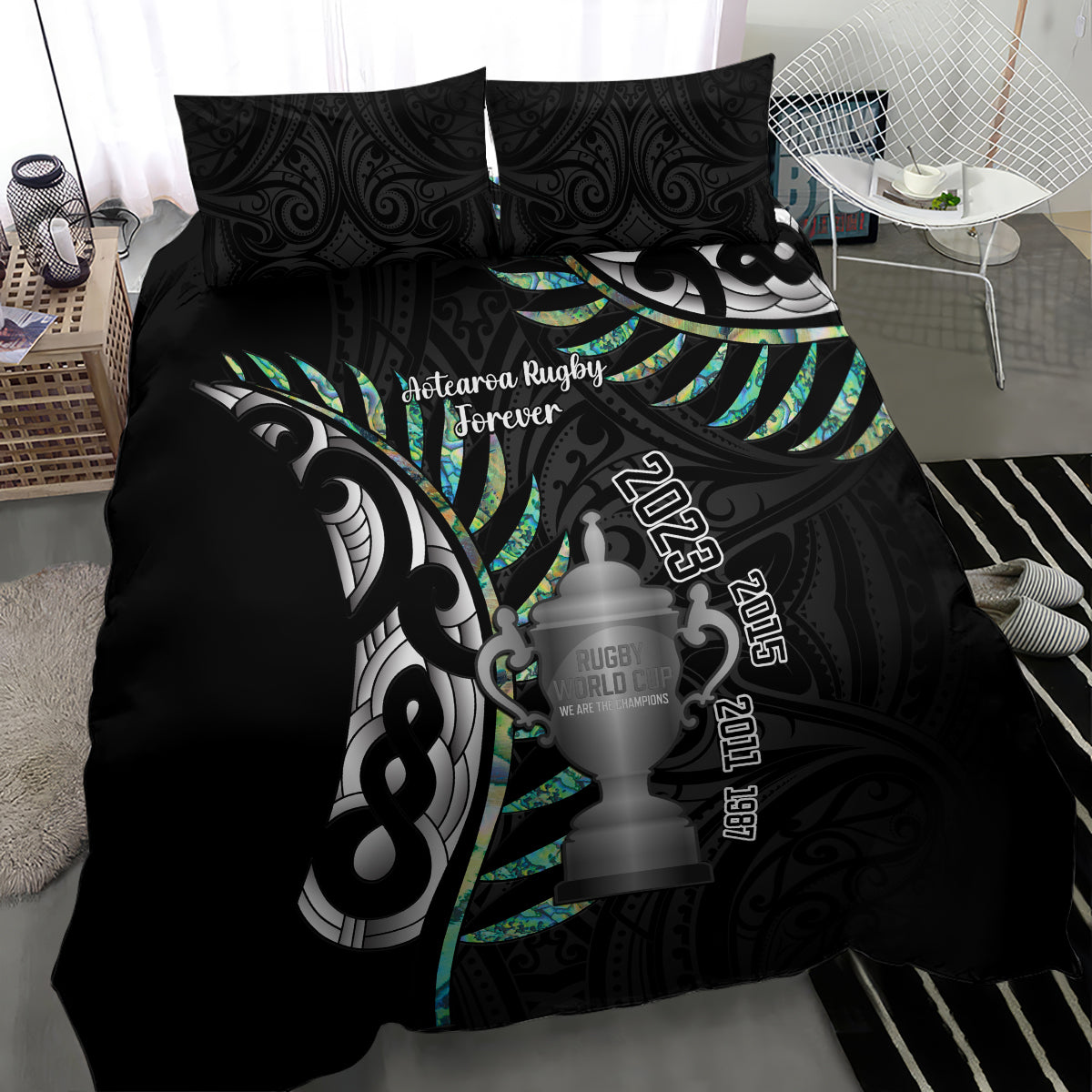 Personalised New Zealand Silver Fern Rugby Bedding Set Paua Shell With Champions Trophy History NZ Forever LT14 - Polynesian Pride