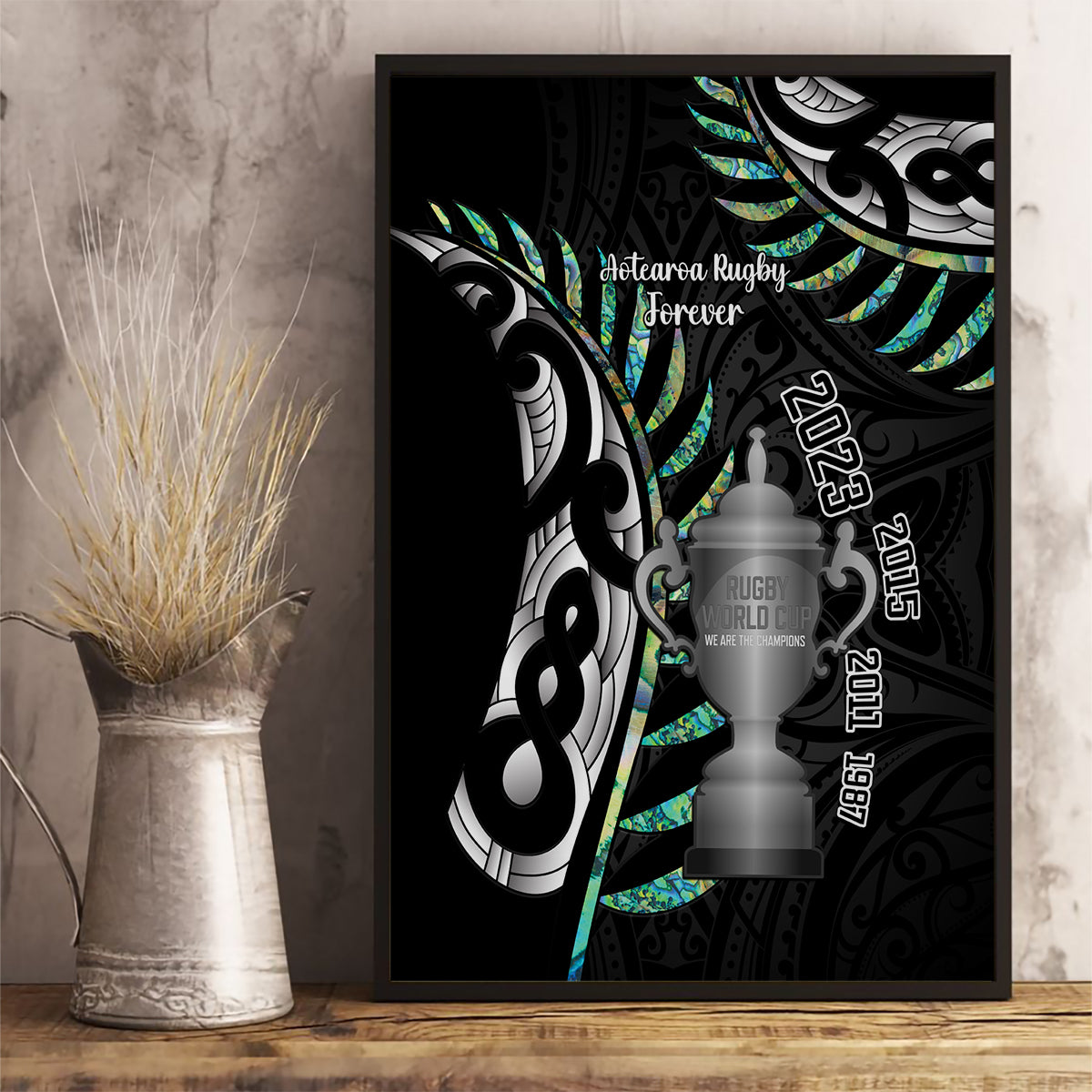 Personalised New Zealand Silver Fern Rugby Canvas Wall Art Paua Shell With Champions Trophy History NZ Forever LT14 - Polynesian Pride