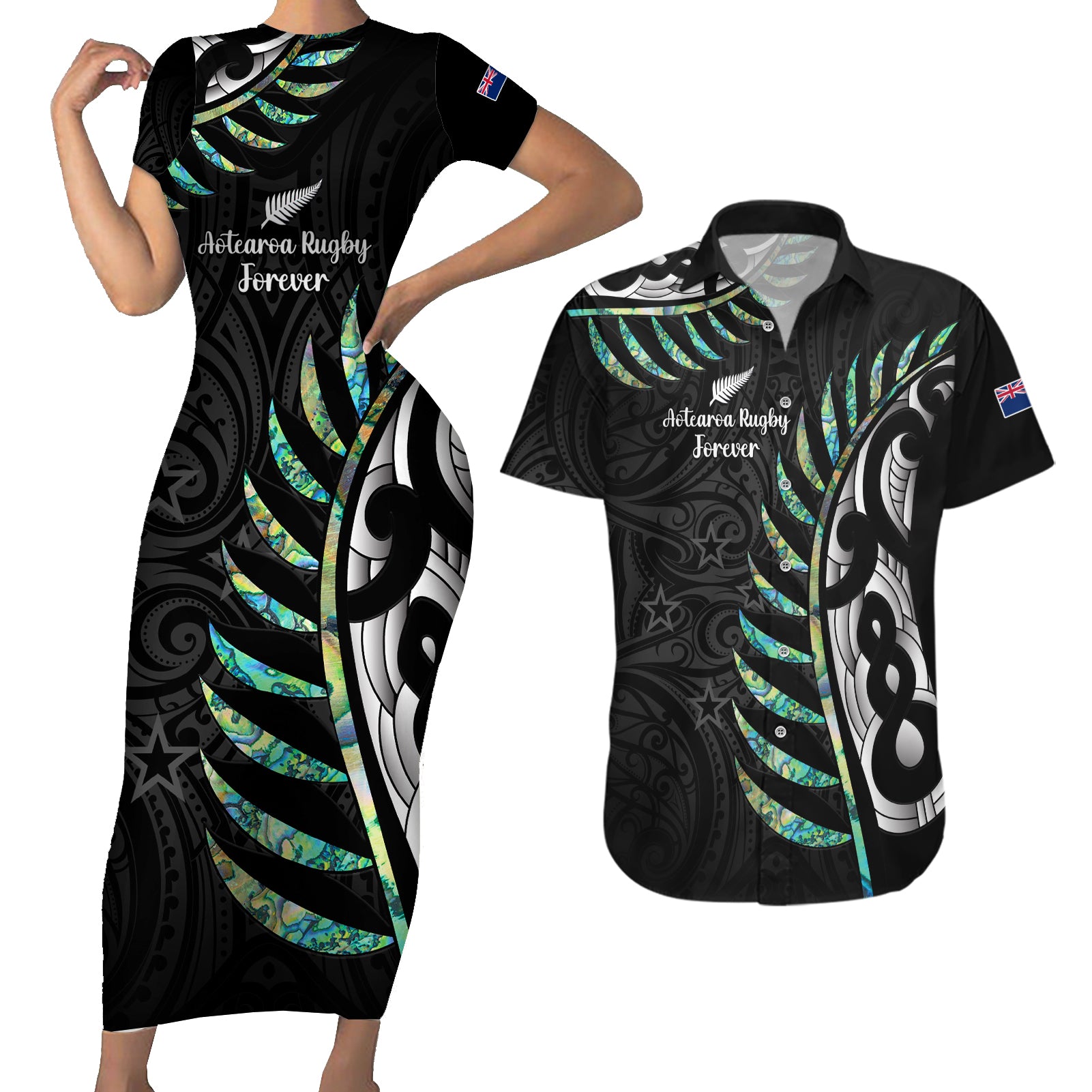 Personalised New Zealand Silver Fern Rugby Couples Matching Short Sleeve Bodycon Dress and Hawaiian Shirt Paua Shell With Champions Trophy History NZ Forever LT14 Black - Polynesian Pride