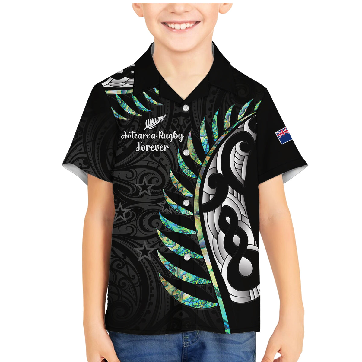 Personalised New Zealand Silver Fern Rugby Family Matching Mermaid Dress and Hawaiian Shirt Paua Shell With Champions Trophy History NZ Forever LT14 Son's Shirt Black - Polynesian Pride