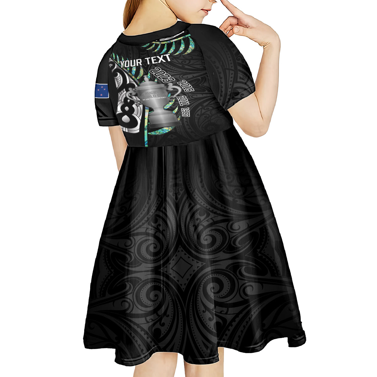 Personalised New Zealand Silver Fern Rugby Kid Short Sleeve Dress Paua Shell With Champions Trophy History NZ Forever LT14 - Polynesian Pride