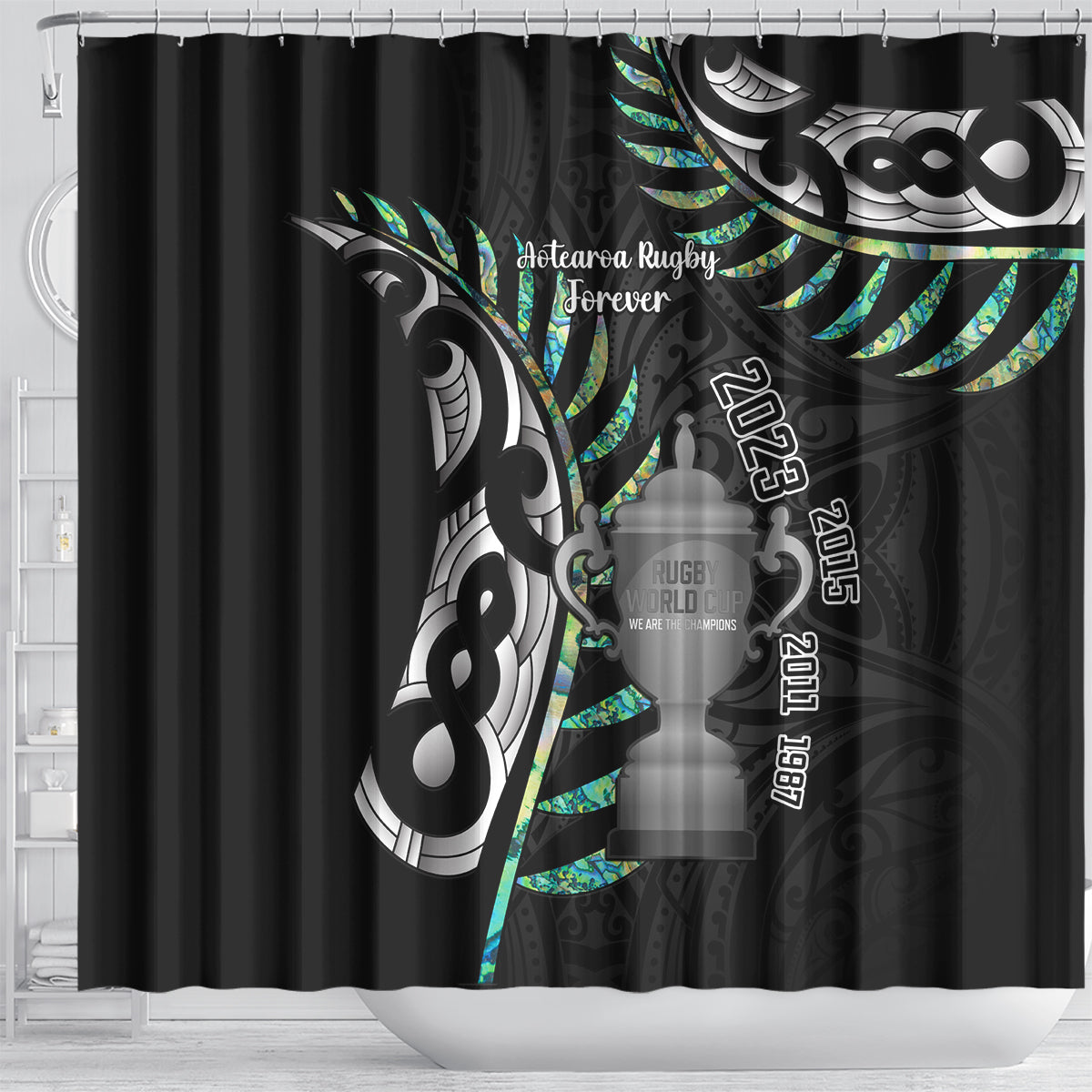 Personalised New Zealand Silver Fern Rugby Shower Curtain Paua Shell With Champions Trophy History NZ Forever LT14 - Polynesian Pride