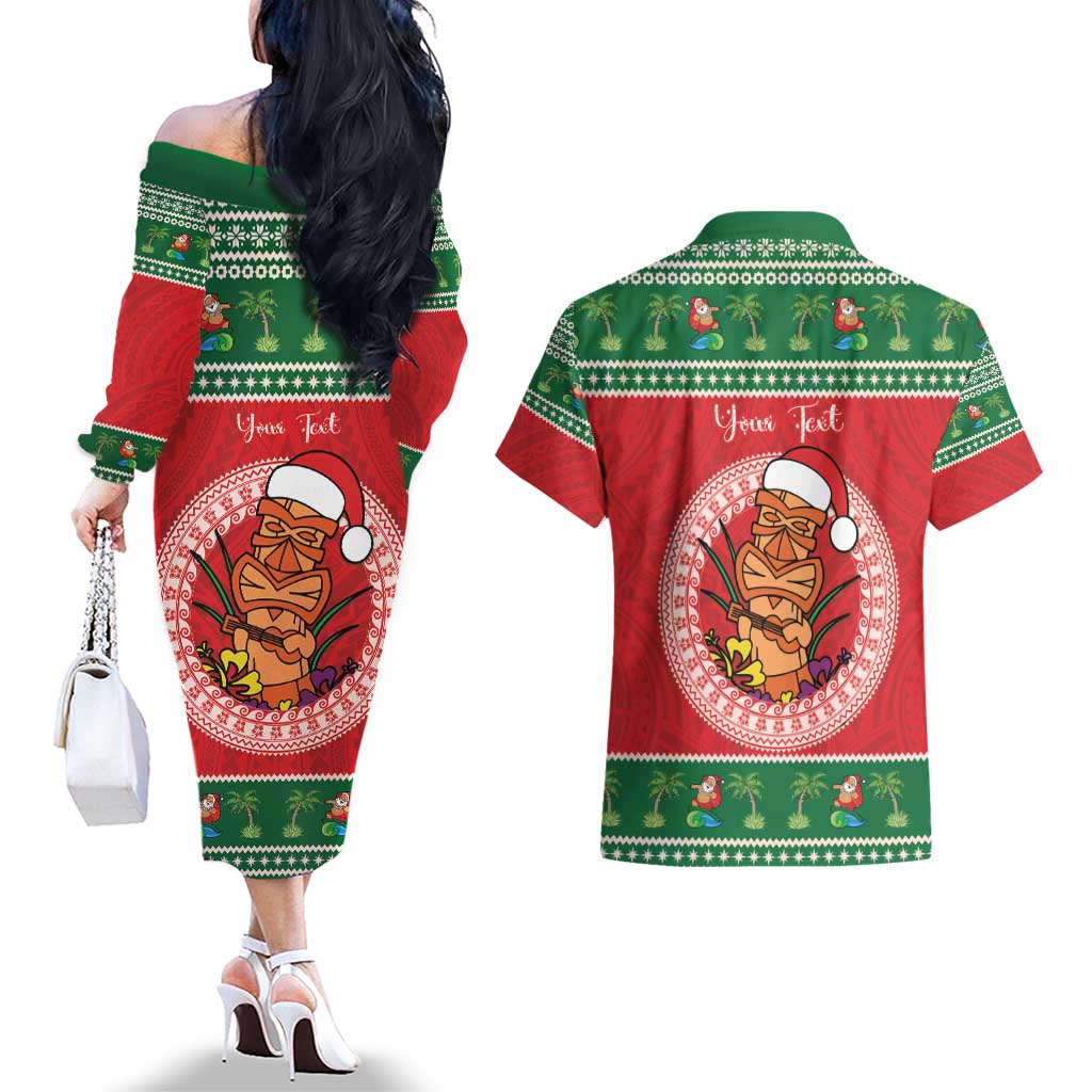 Personalized Hawaii Christmas Couples Matching Off The Shoulder Long Sleeve Dress and Hawaiian Shirt Tiki Santa Mele Kalikimaka