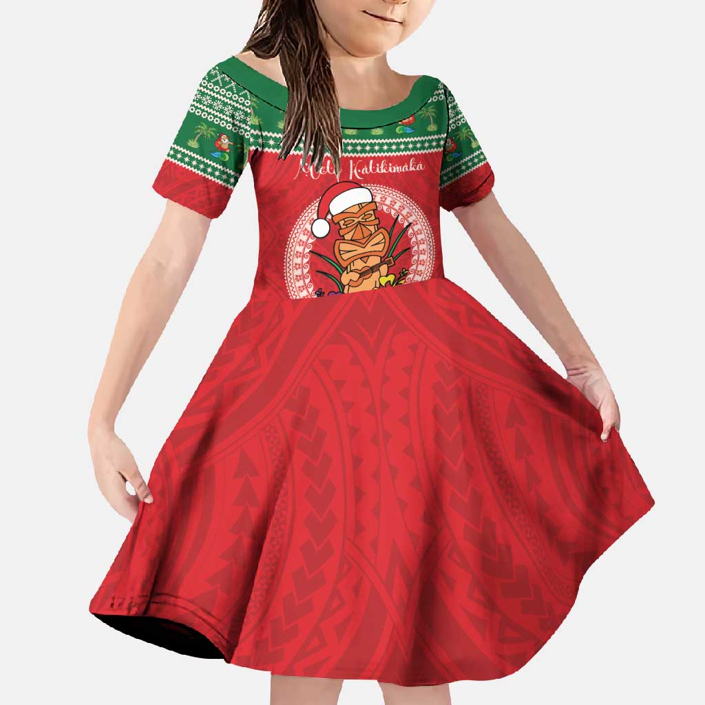 Personalized Hawaii Christmas Family Matching Mermaid Dress and Hawaiian Shirt Tiki Santa Mele Kalikimaka LT14 Daughter's Dress Red - Polynesian Pride