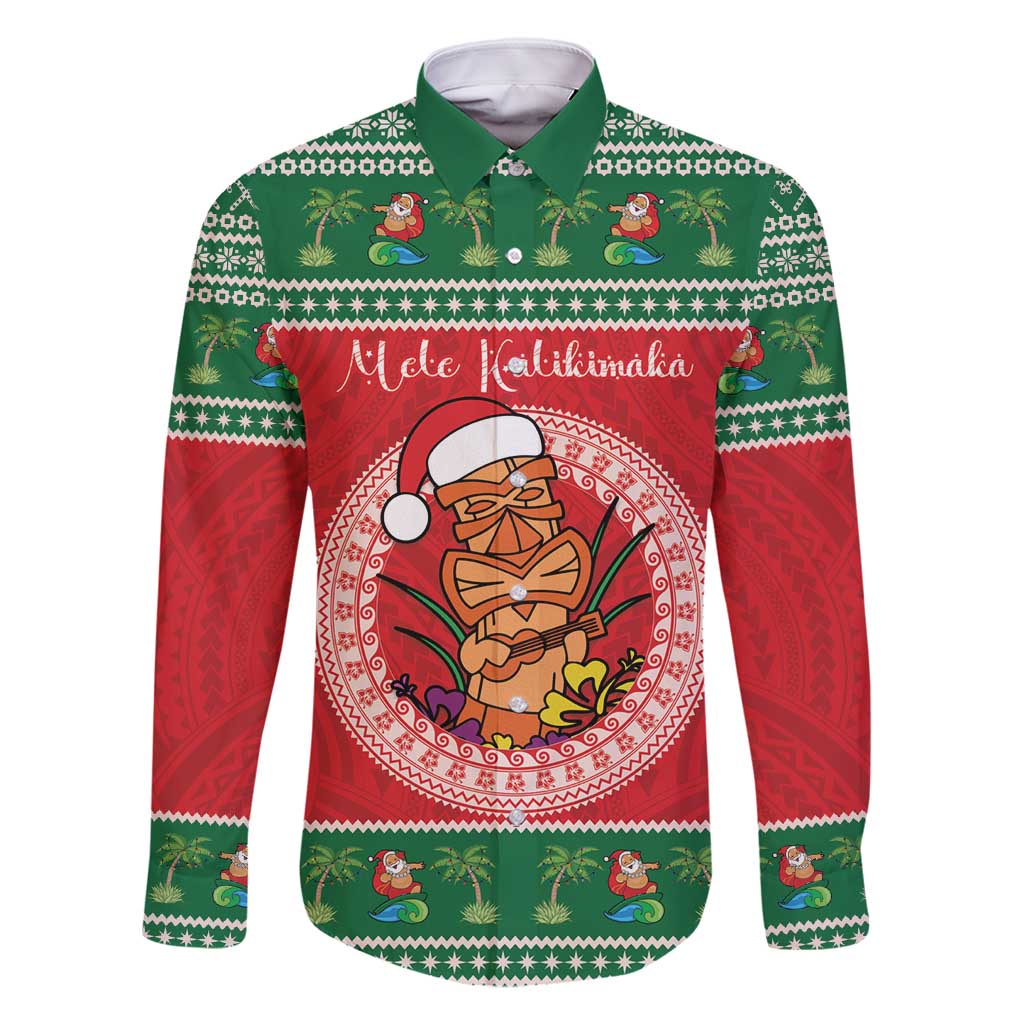 Personalized Hawaii Christmas Family Matching Mermaid Dress and Hawaiian Shirt Tiki Santa Mele Kalikimaka LT14 Dad's Shirt - Long Sleeve Red - Polynesian Pride