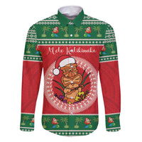 Personalized Hawaii Christmas Family Matching Mermaid Dress and Hawaiian Shirt Tiki Santa Mele Kalikimaka LT14 Dad's Shirt - Long Sleeve Red - Polynesian Pride