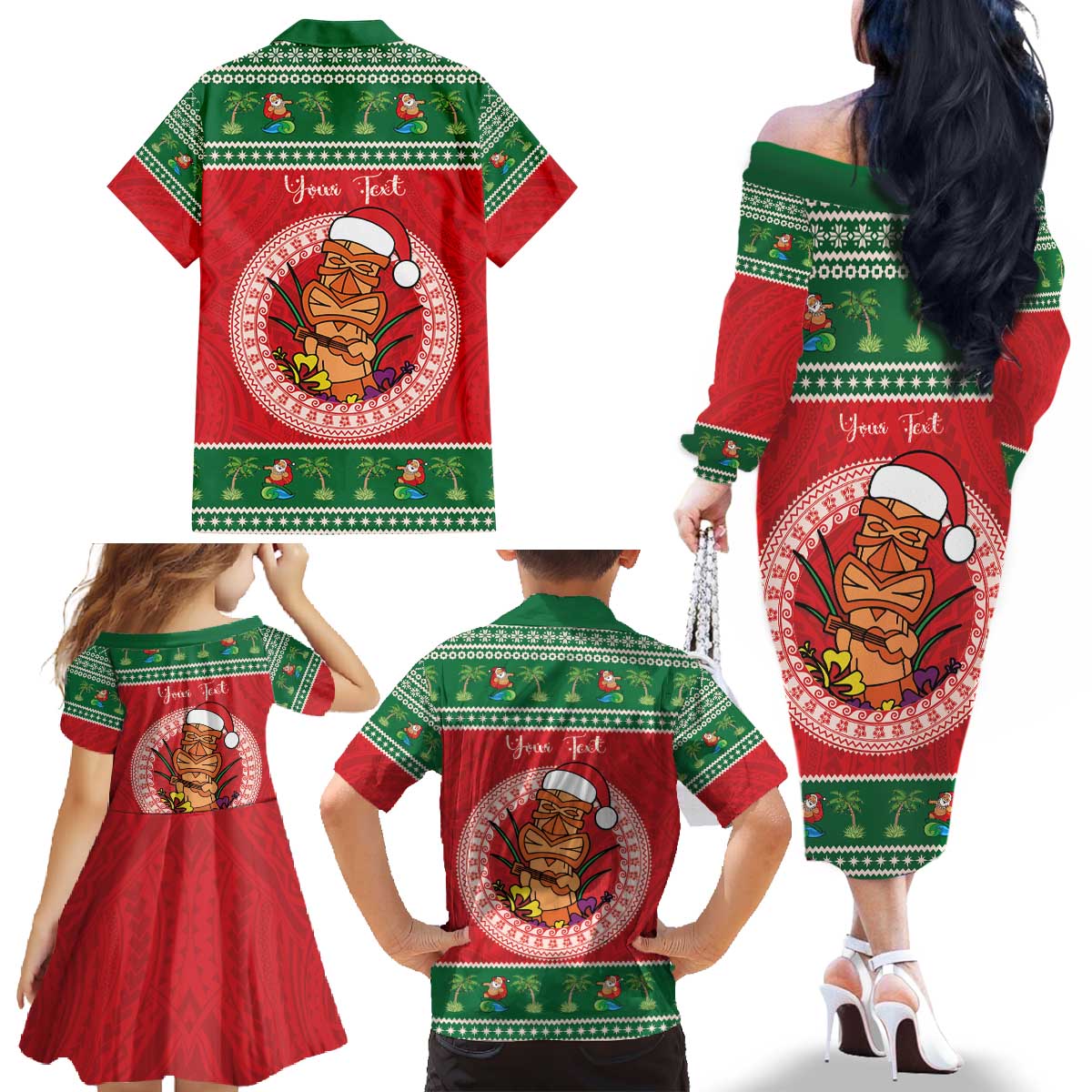 Personalized Hawaii Christmas Family Matching Off The Shoulder Long Sleeve Dress and Hawaiian Shirt Tiki Santa Mele Kalikimaka
