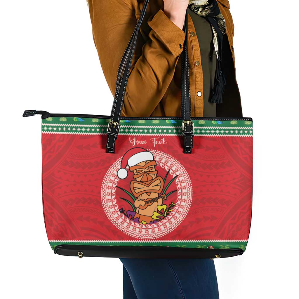 Personalized Hawaii Christmas Leather Tote Bag Tiki Santa Mele Kalikimaka