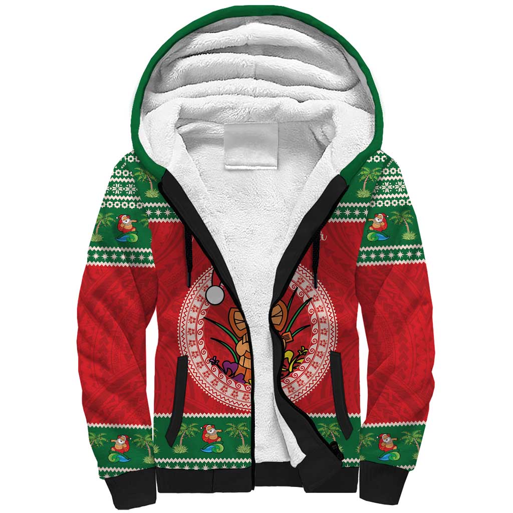 Personalized Hawaii Christmas Sherpa Hoodie Tiki Santa Mele Kalikimaka