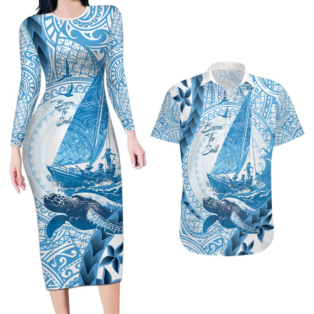New Zealand Sailing Couples Matching Long Sleeve Bodycon Dress and Hawaiian Shirt Aotearoa Yacht Racing - Born To Sail LT14 Blue - Polynesian Pride