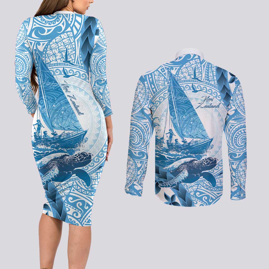 New Zealand Saling Couples Matching Long Sleeve Bodycon Dress and Long Sleeve Button Shirt Aotearoa Yacht Racing - Born To Sail