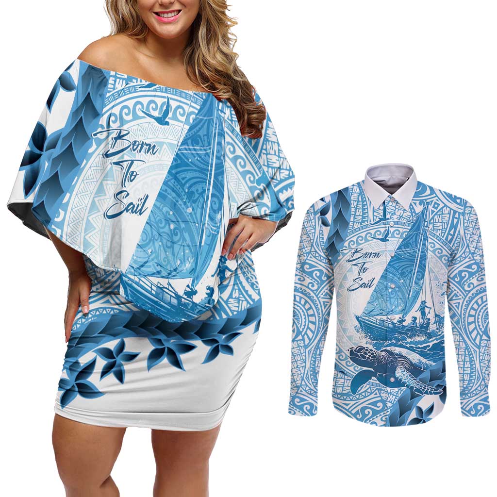 New Zealand Saling Couples Matching Off Shoulder Short Dress and Long Sleeve Button Shirt Aotearoa Yacht Racing - Born To Sail