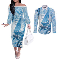 New Zealand Saling Couples Matching Off The Shoulder Long Sleeve Dress and Long Sleeve Button Shirt Aotearoa Yacht Racing - Born To Sail