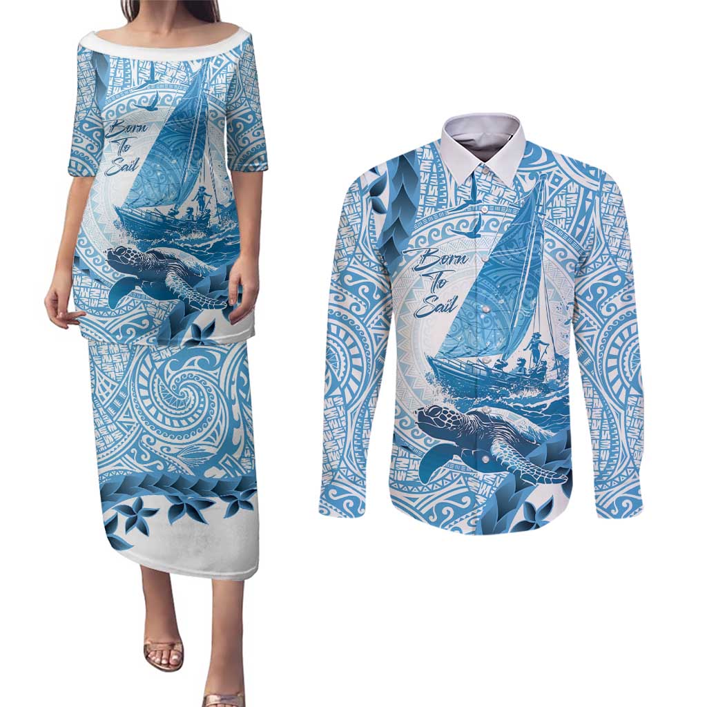 New Zealand Saling Couples Matching Puletasi and Long Sleeve Button Shirt Aotearoa Yacht Racing - Born To Sail