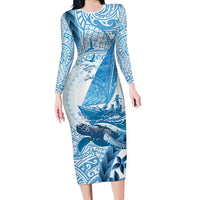 New Zealand Sailing Family Matching Long Sleeve Bodycon Dress and Hawaiian Shirt Aotearoa Yacht Racing - Born To Sail LT14 Mom's Dress Blue - Polynesian Pride