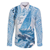 New Zealand Sailing Family Matching Mermaid Dress and Hawaiian Shirt Aotearoa Yacht Racing - Born To Sail LT14 Dad's Shirt - Long Sleeve Blue - Polynesian Pride