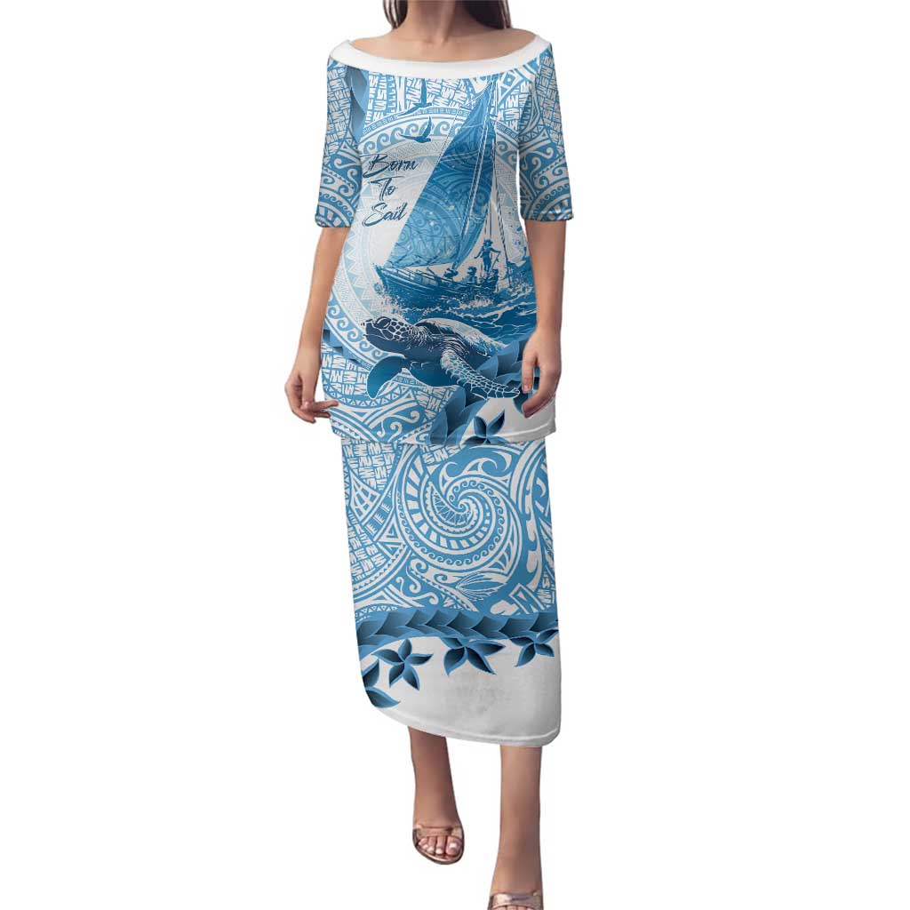 New Zealand Sailing Family Matching Puletasi and Hawaiian Shirt Aotearoa Yacht Racing - Born To Sail LT14 Mom's Dress Blue - Polynesian Pride
