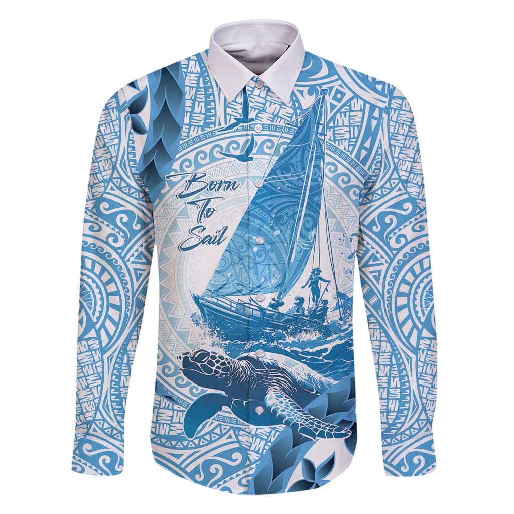 New Zealand Sailing Family Matching Tank Maxi Dress and Hawaiian Shirt Aotearoa Yacht Racing - Born To Sail LT14 Dad's Shirt - Long Sleeve Blue - Polynesian Pride