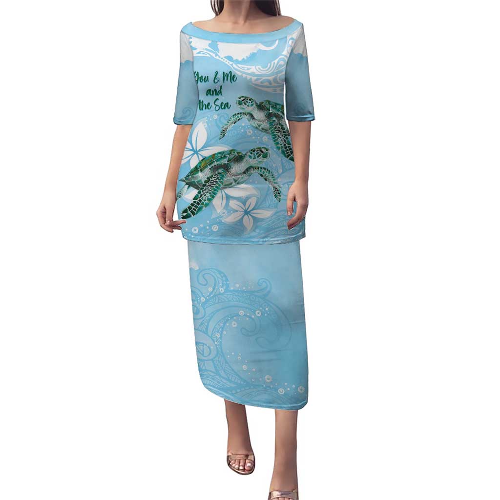 Personalised Polynesia Valentine's Day Puletasi SeaTurtle Couple Polynesian - Fairy Sparkles Color LT14 Long Dress Blue - Polynesian Pride