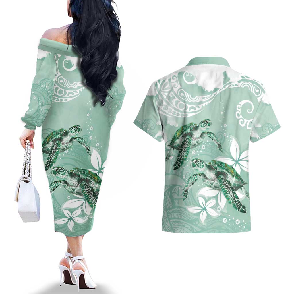 Happy Valentine's Day Polynesia Couples Matching Off The Shoulder Long Sleeve Dress and Hawaiian Shirt SeaTurtle Couple Polynesian - Green Lester Color