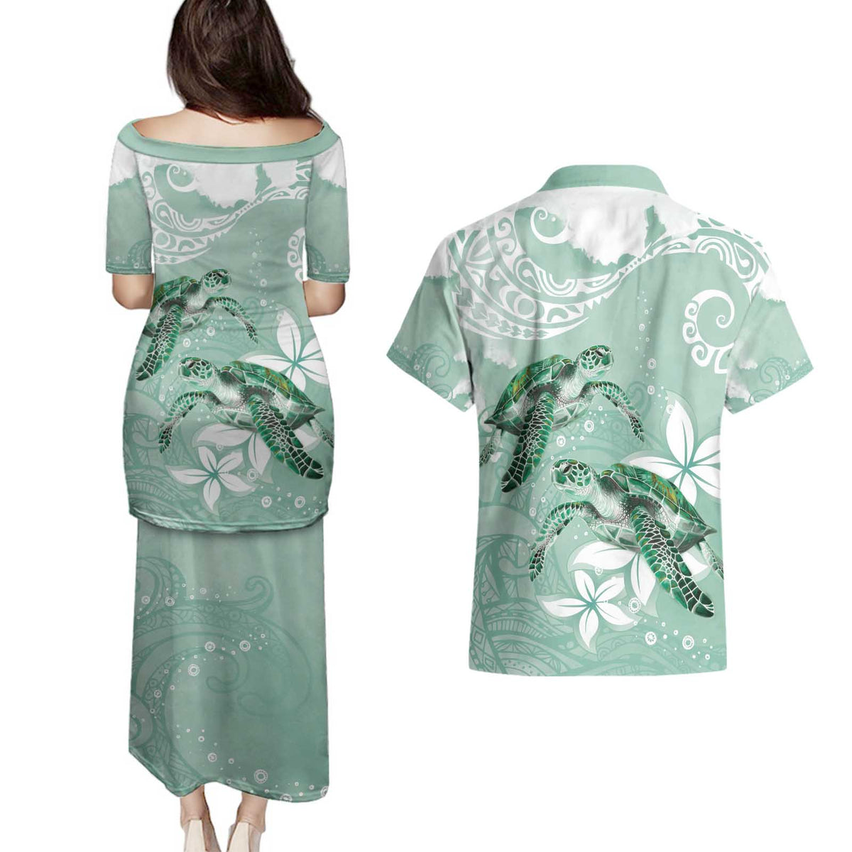 Happy Valentine's Day Polynesia Couples Matching Puletasi and Hawaiian Shirt SeaTurtle Couple Polynesian - Green Lester Color