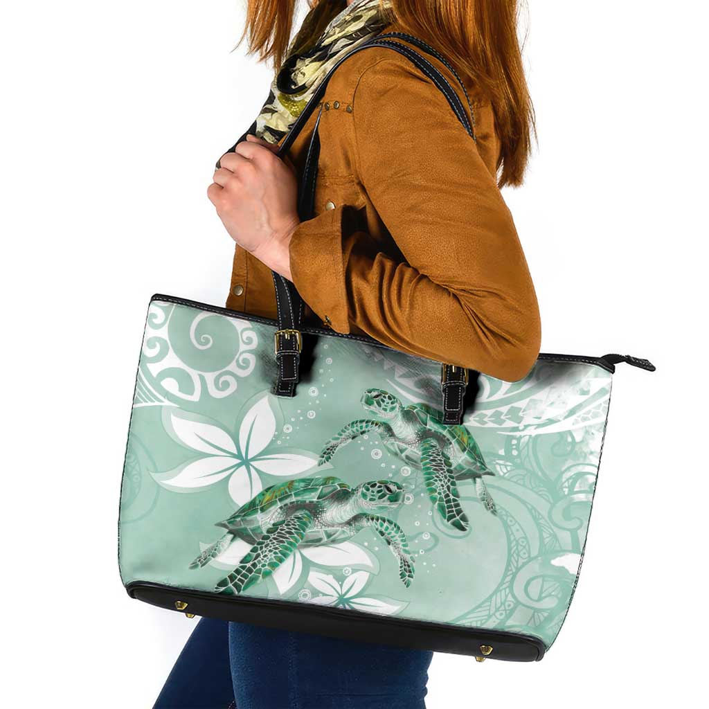 Happy Valentine's Day Polynesia Leather Tote Bag SeaTurtle Couple Polynesian - Green Lester Color