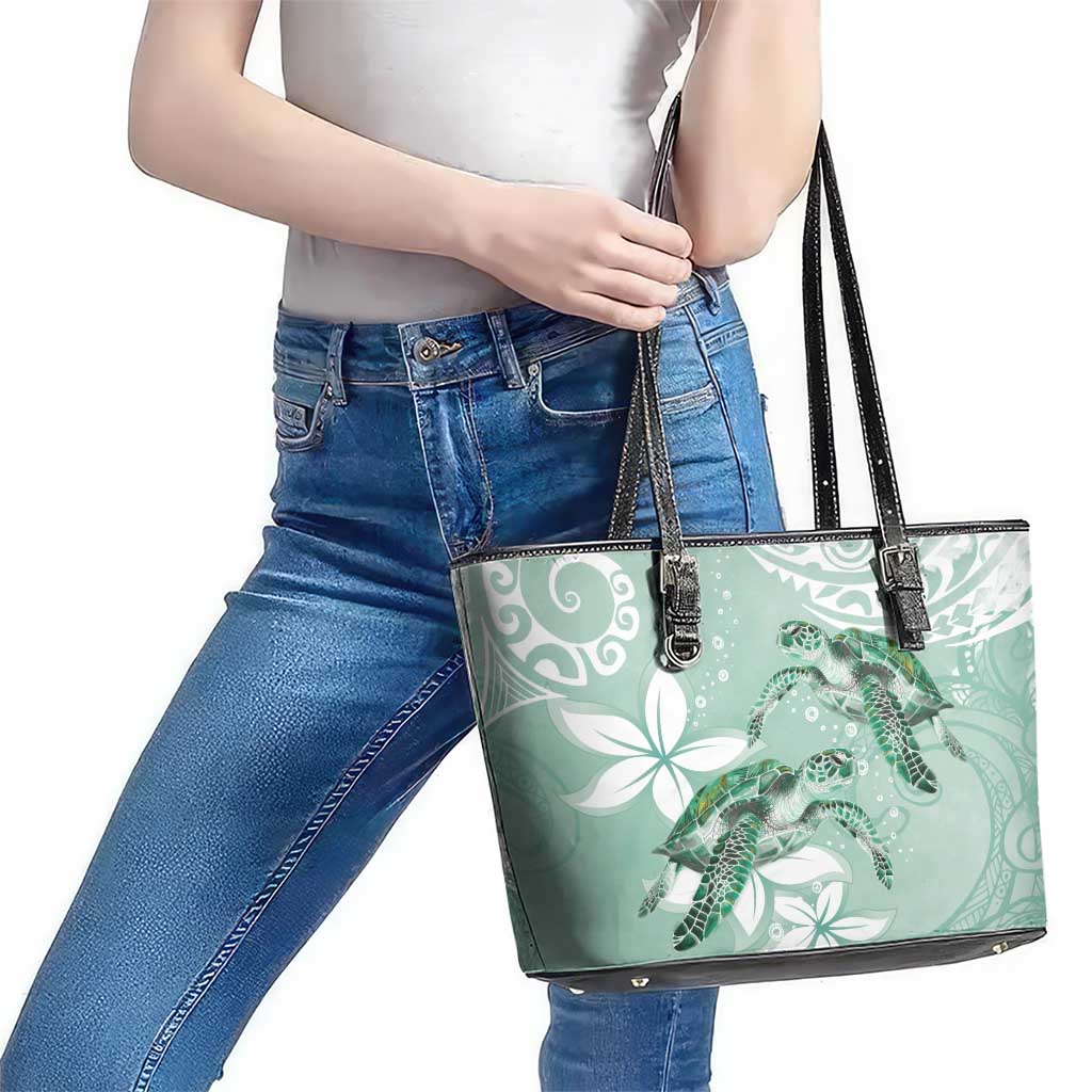 Happy Valentine's Day Polynesia Leather Tote Bag SeaTurtle Couple Polynesian - Green Lester Color LT14 - Polynesian Pride