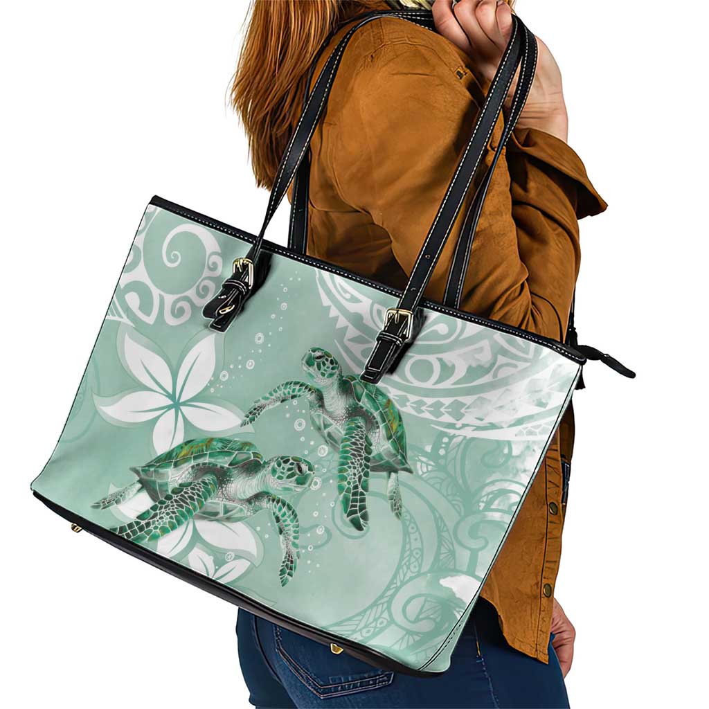 Happy Valentine's Day Polynesia Leather Tote Bag SeaTurtle Couple Polynesian - Green Lester Color LT14 - Polynesian Pride