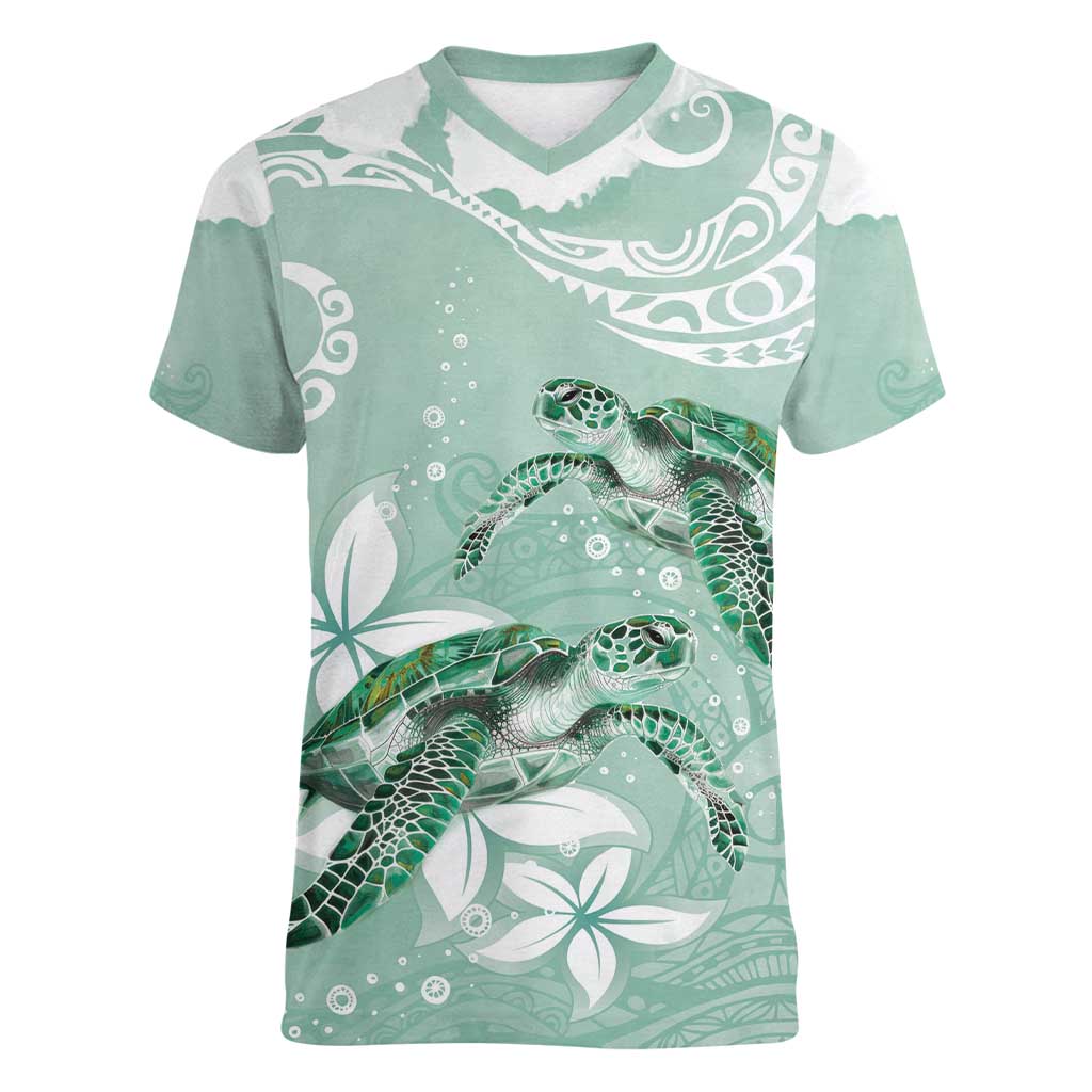 Happy Valentine's Day Polynesia Women V-Neck T-Shirt SeaTurtle Couple Polynesian - Green Lester Color LT14 Female Green - Polynesian Pride