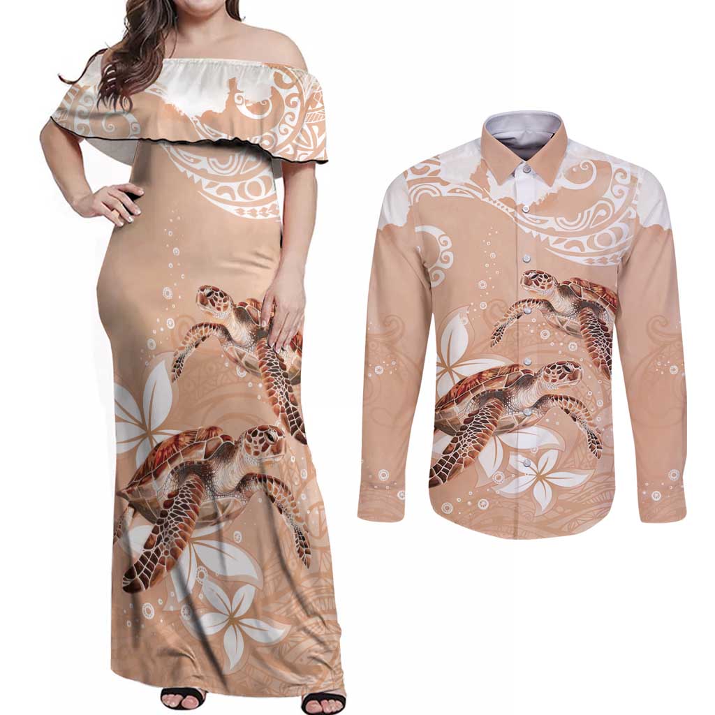 Happy Valentine's Day Polynesia Couples Matching Off Shoulder Maxi Dress and Long Sleeve Button Shirt SeaTurtle Couple Polynesian - Desert Sand Color