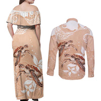 Happy Valentine's Day Polynesia Couples Matching Off Shoulder Maxi Dress and Long Sleeve Button Shirt SeaTurtle Couple Polynesian - Desert Sand Color