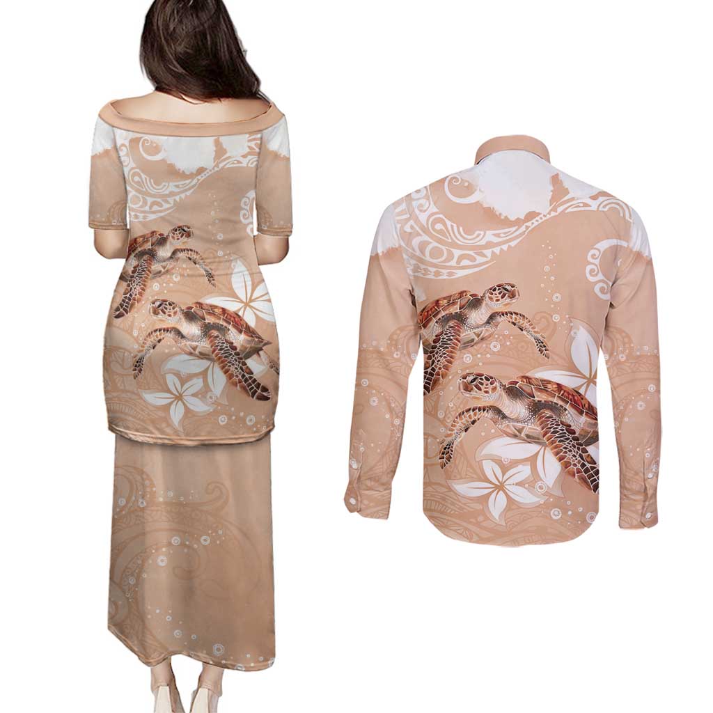 Happy Valentine's Day Polynesia Couples Matching Puletasi and Long Sleeve Button Shirt SeaTurtle Couple Polynesian - Desert Sand Color