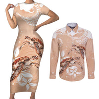 Happy Valentine's Day Polynesia Couples Matching Short Sleeve Bodycon Dress and Long Sleeve Button Shirt SeaTurtle Couple Polynesian - Desert Sand Color