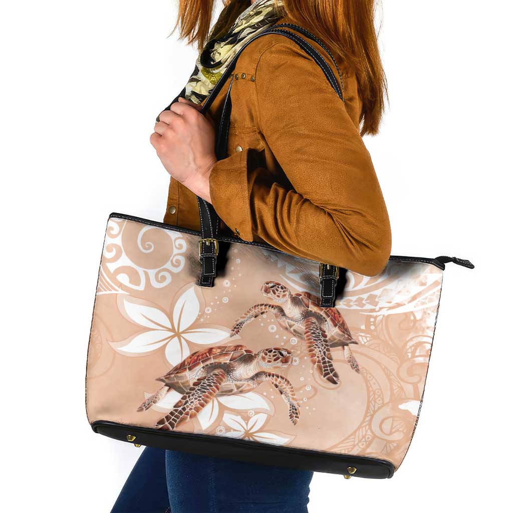 Happy Valentine's Day Polynesia Leather Tote Bag SeaTurtle Couple Polynesian - Desert Sand Color