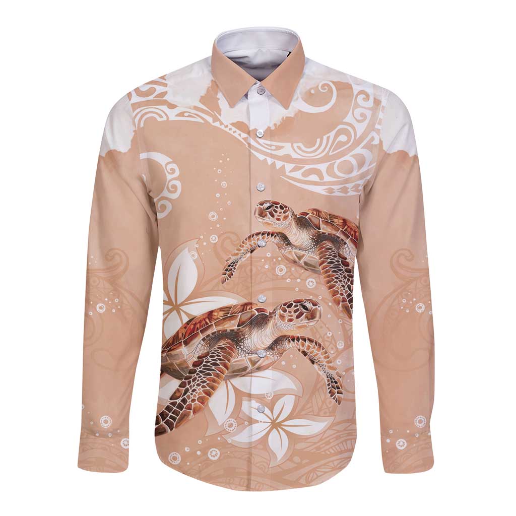 Happy Valentine's Day Polynesia Long Sleeve Button Shirt SeaTurtle Couple Polynesian - Desert Sand Color
