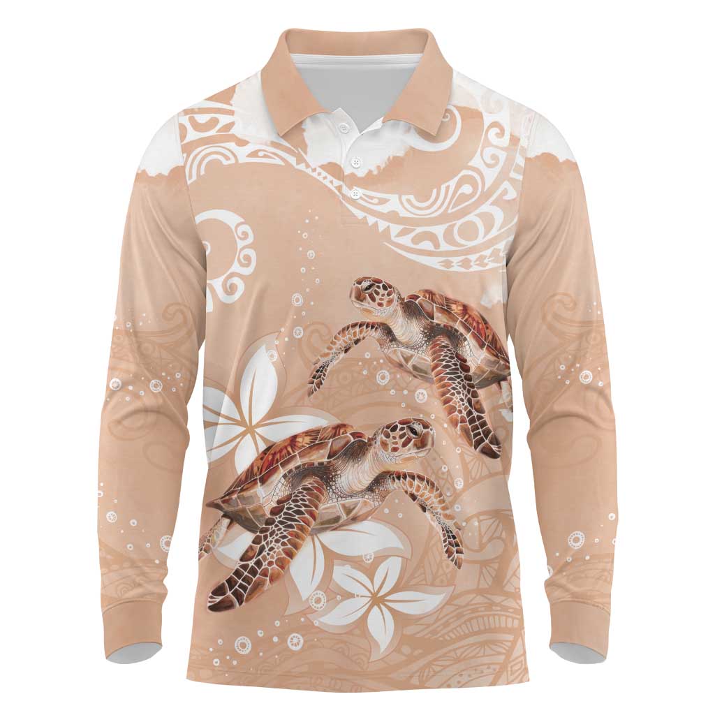 Happy Valentine's Day Polynesia Long Sleeve Polo Shirt SeaTurtle Couple Polynesian - Desert Sand Color LT14 Desert Sand - Polynesian Pride