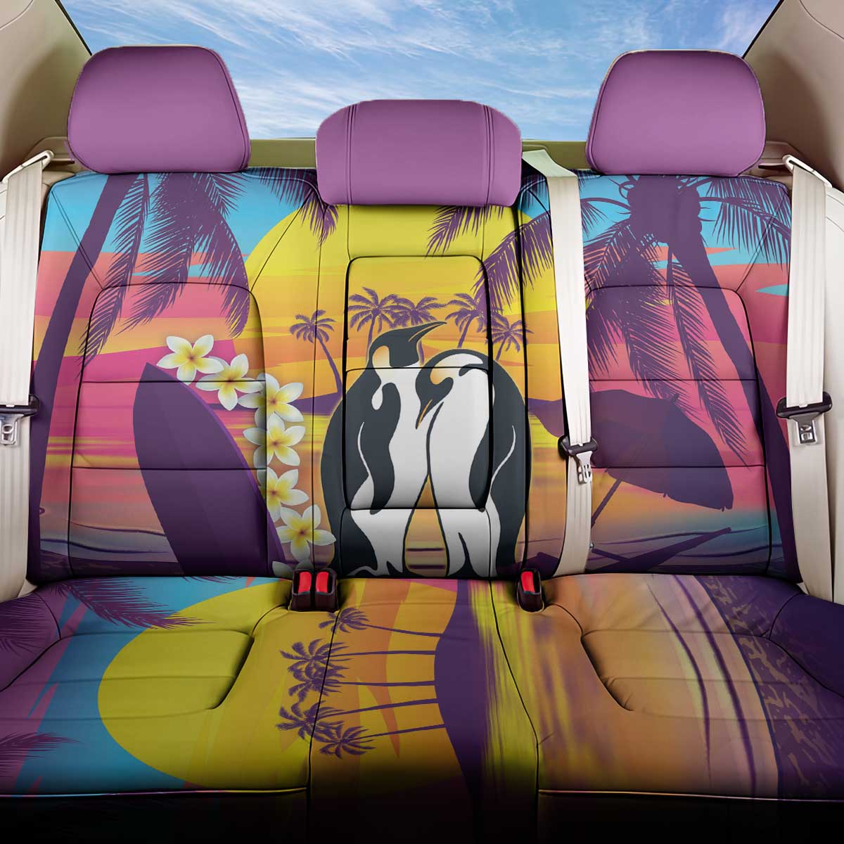 Hawaii Penguin Couple Back Car Seat Cover You Are My Valentine - Tropical Sunset Vibes