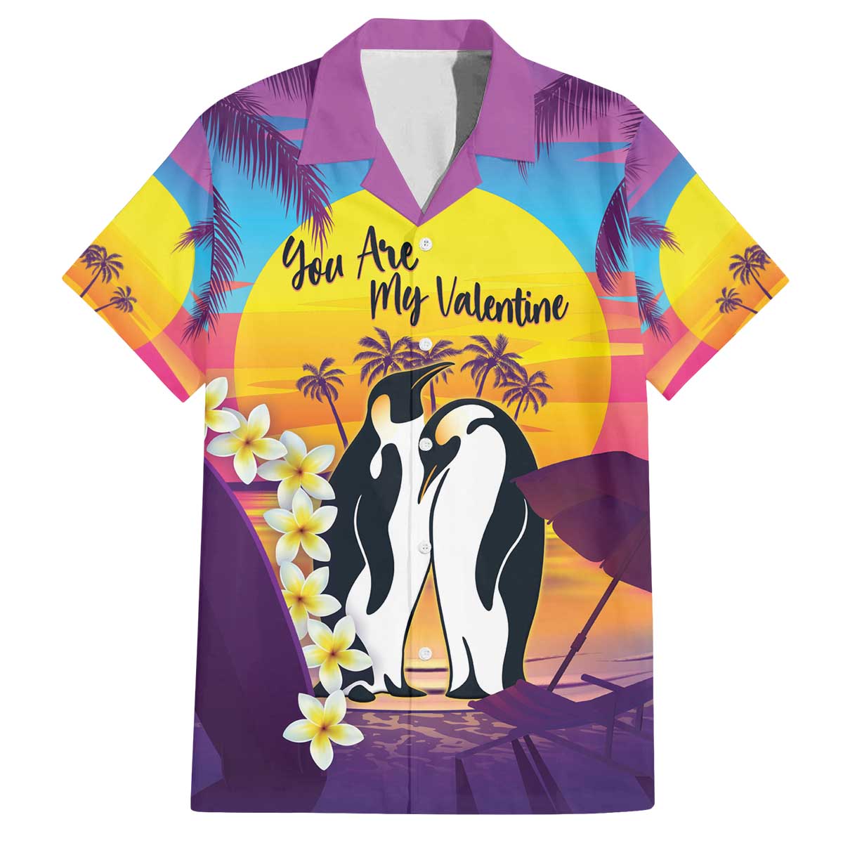 Hawaii Penguin Couple Family Matching Off The Shoulder Long Sleeve Dress and Hawaiian Shirt You Are My Valentine - Tropical Sunset Vibes