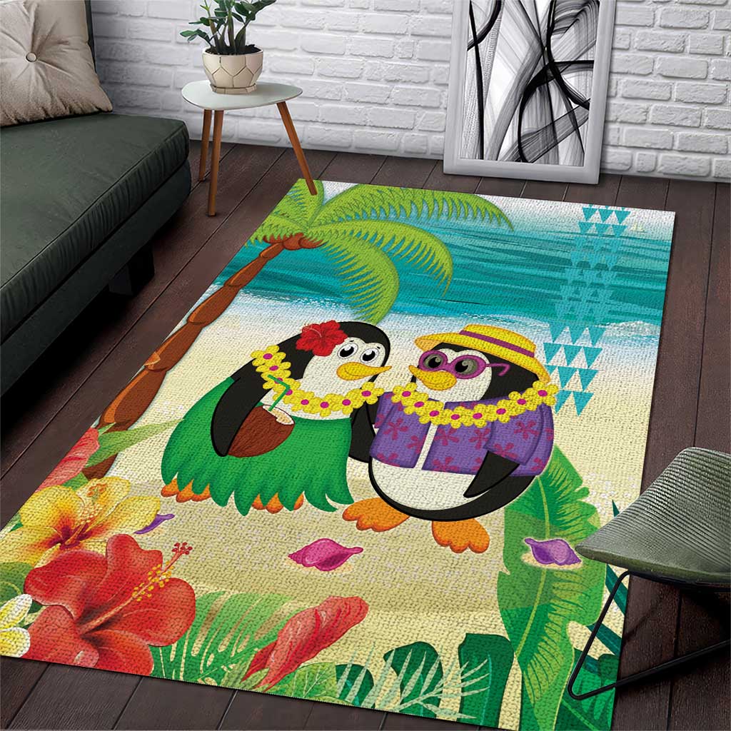 Hawaii Penguin Couple Area Rug Hawaiian Kakau - Tropical Summer Vibes