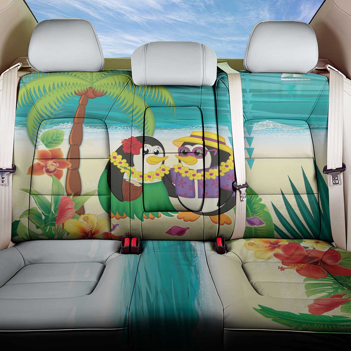 Hawaii Penguin Couple Back Car Seat Cover Hawaiian Kakau - Tropical Summer Vibes