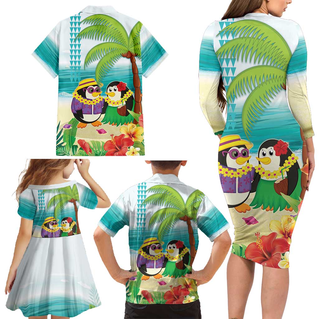 Hawaii Penguin Couple Family Matching Long Sleeve Bodycon Dress and Hawaiian Shirt Hawaiian Kakau - Tropical Summer Vibes